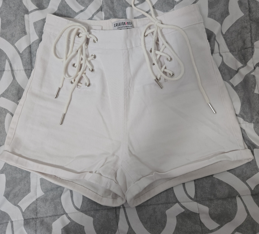 Fashion Nova Cream Lace-Up High Waist Shorts